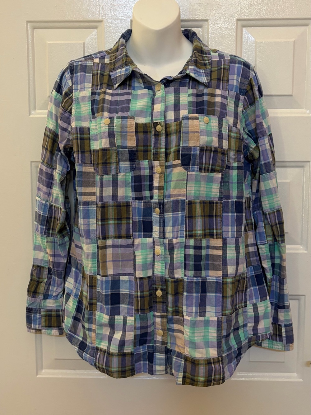 LL Bean Shirt Women Medium Blue Patchwork Plaid Chest Pockets Cowgirl Ranch Gorp